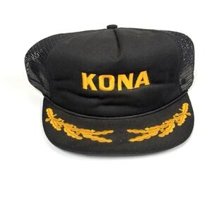 Vtg Mesh Snapback Trucker Hat Kona Hawaii black and gold w/ rope and oak leaf